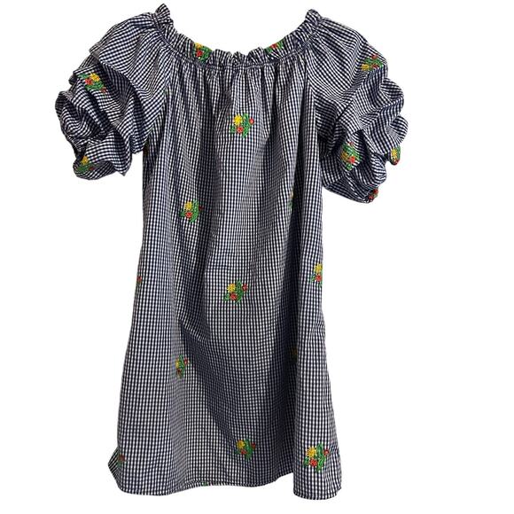 Gingham Puff Sleeve Embroidered Off-Shoulder Dress - Size M - Picture 1 of 13